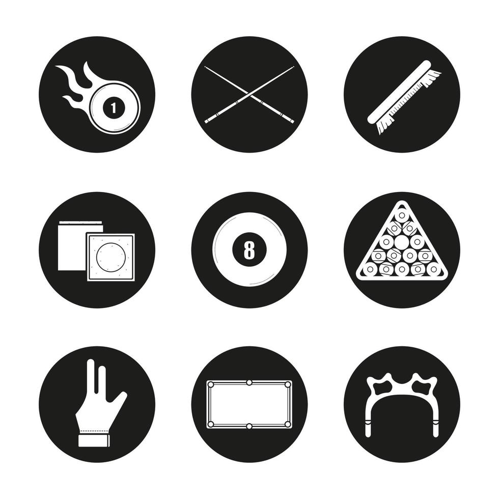 conjunto de iconos de billar. bola ardiente, tacos cruzados, cepillo, tiza, bola ocho, soporte para bolas, guante, mesa y cabeza de descanso. vector ilustraciones blancas en círculos negros