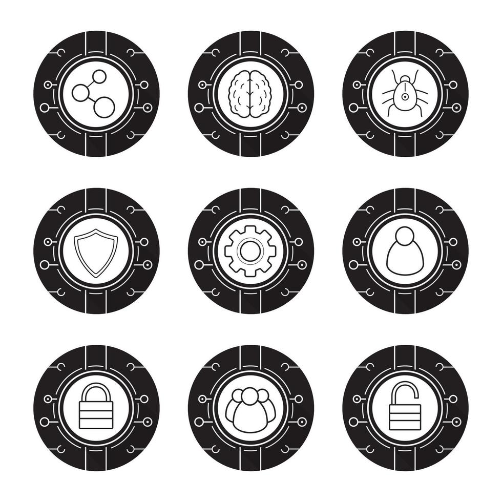 Cyber security icons set. Neural networks, cyber security, user group, digital connections, network settings, access denied, network admin. Vector white silhouettes illustrations in black circles