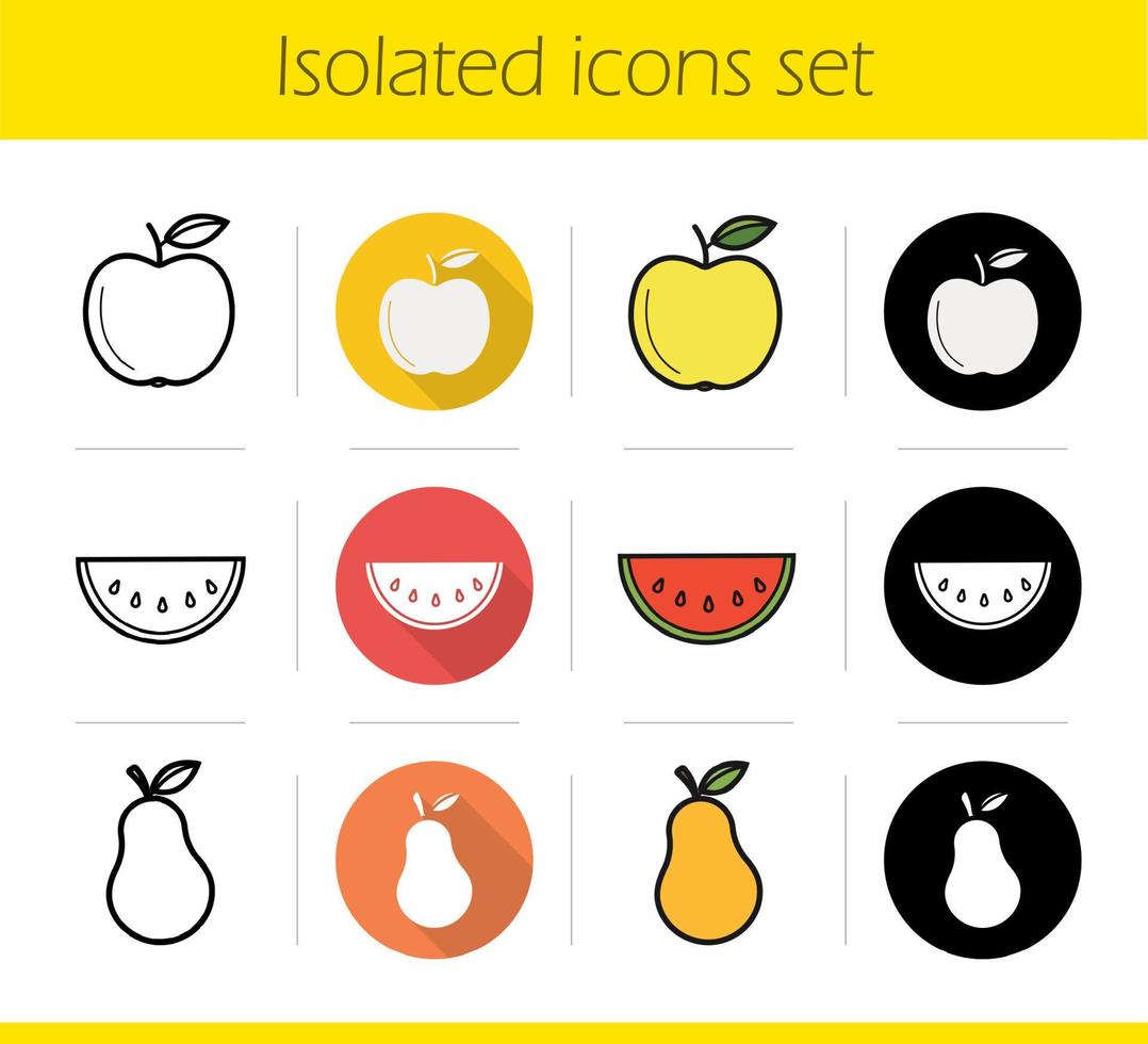 Fruit icons set. Flat design, linear, black and color styles. Yellow apple, watermelon slice, pear. Isolated vector illustrations
