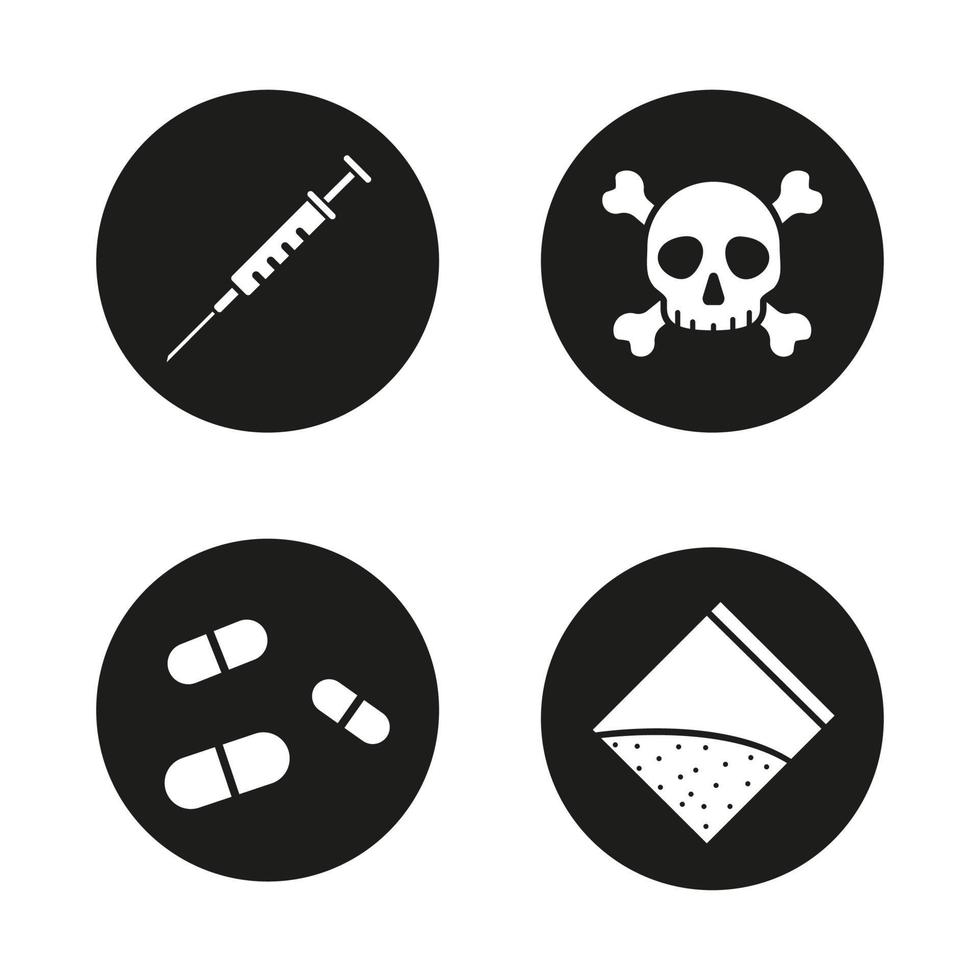 Drugs icons set. Syringe with needle, crossbones death symbol, pills, narcotics packet. Vector white illustrations in black circles