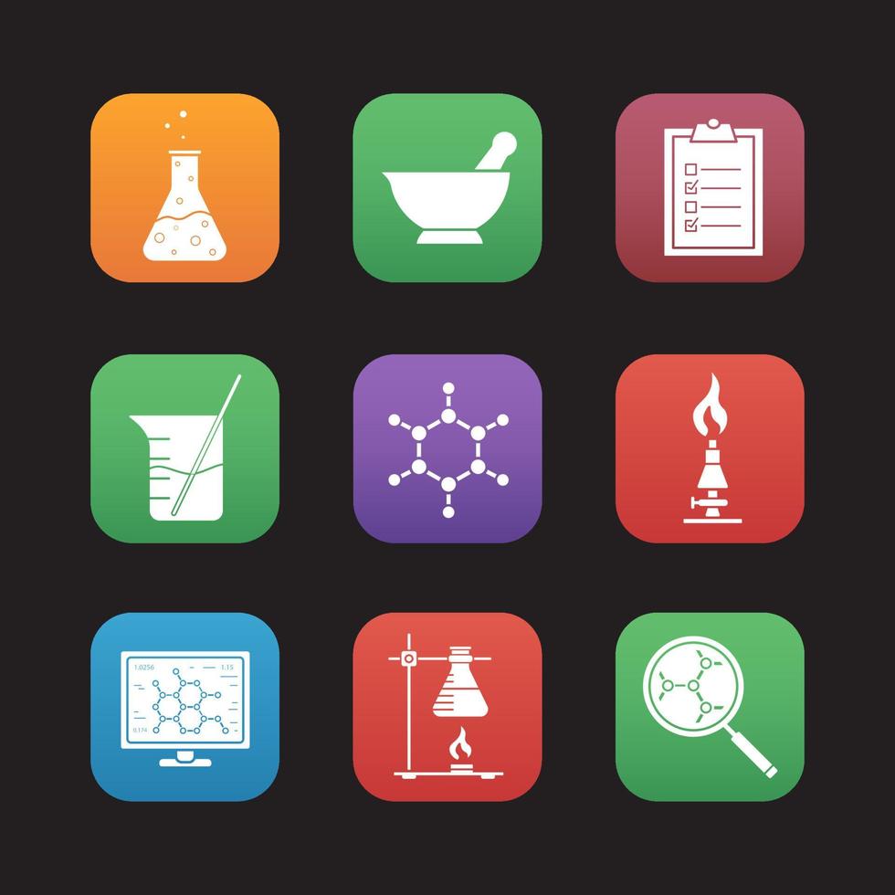 Chemical laboratory flat design icons set. Chemical reaction, mortar and pestle, test checklist, beaker with rod, molecular structure, lab burner, ring stand, flask. Web application interface. Vector