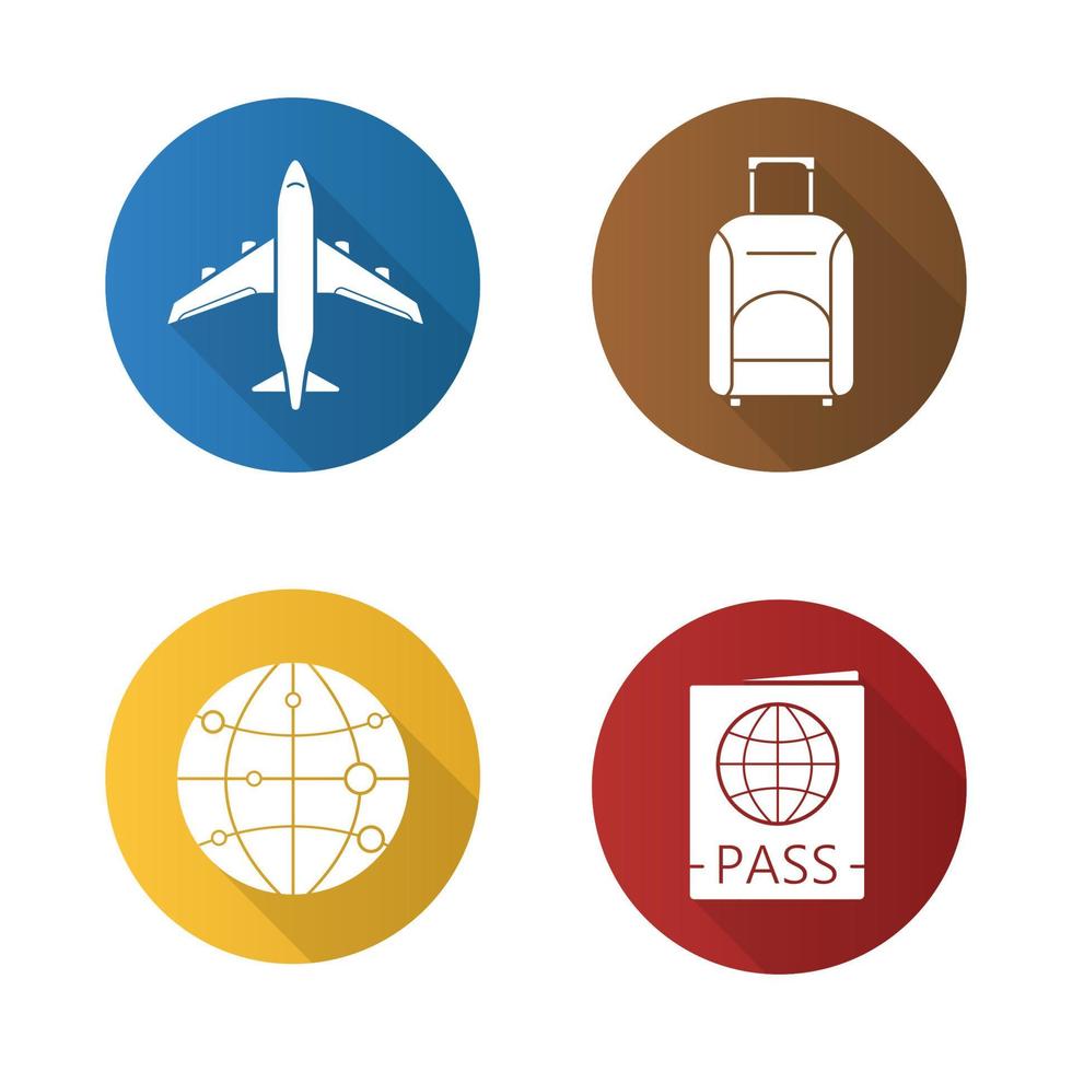 conjunto de iconos de larga sombra de diseño plano de viaje. avión, maleta, pasaporte y símbolos vectoriales en todo el mundo vector