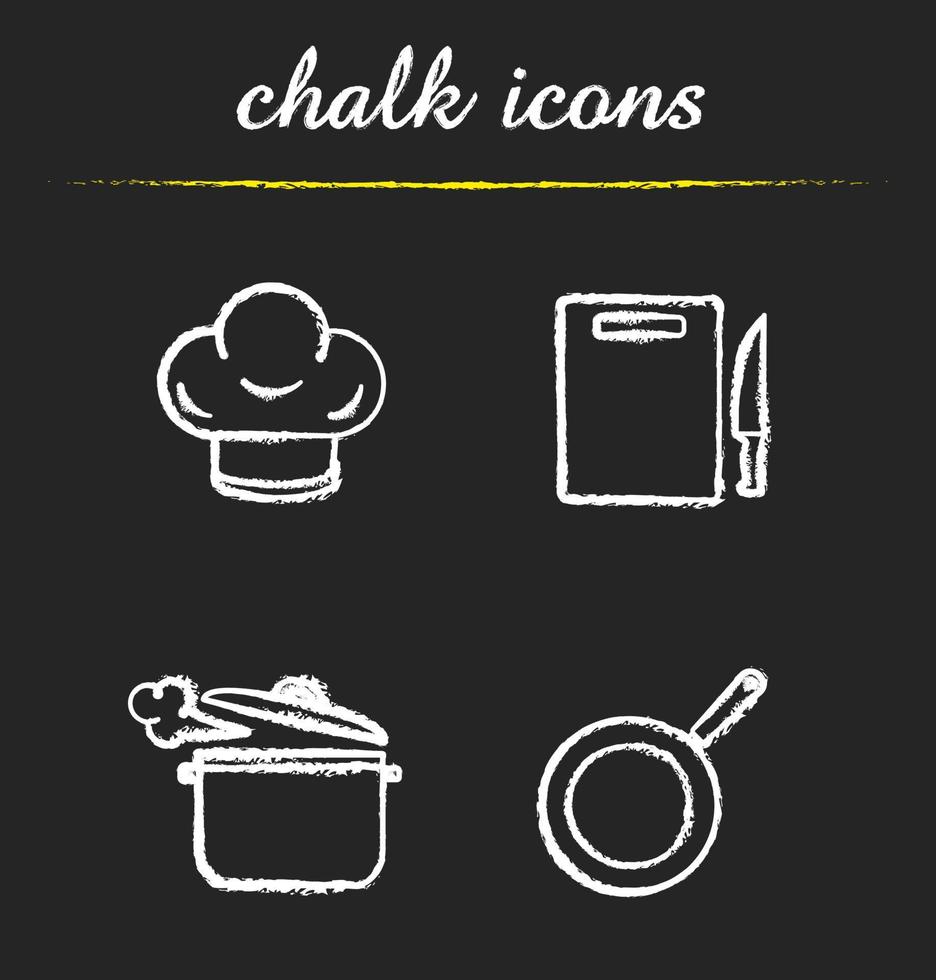 Kitchenware icons set. Chef's hat, cutting board with knife, steaming saucepan and frying pan illustrations. Kitchen utensils isolated vector chalkboard drawings