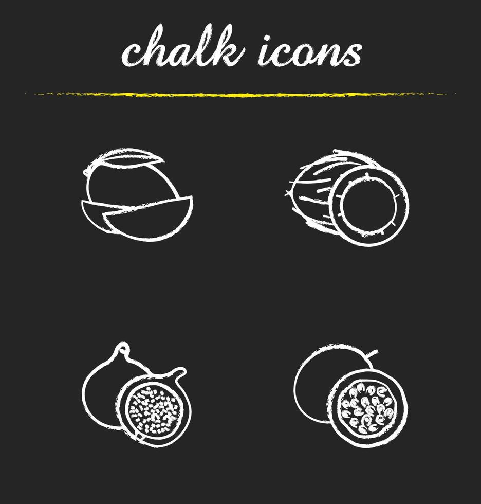 Fruit icons set. Sliced mango, open coconut, halved fig, cutted passionfruit illustrations. Isolated vector chalkboard drawings