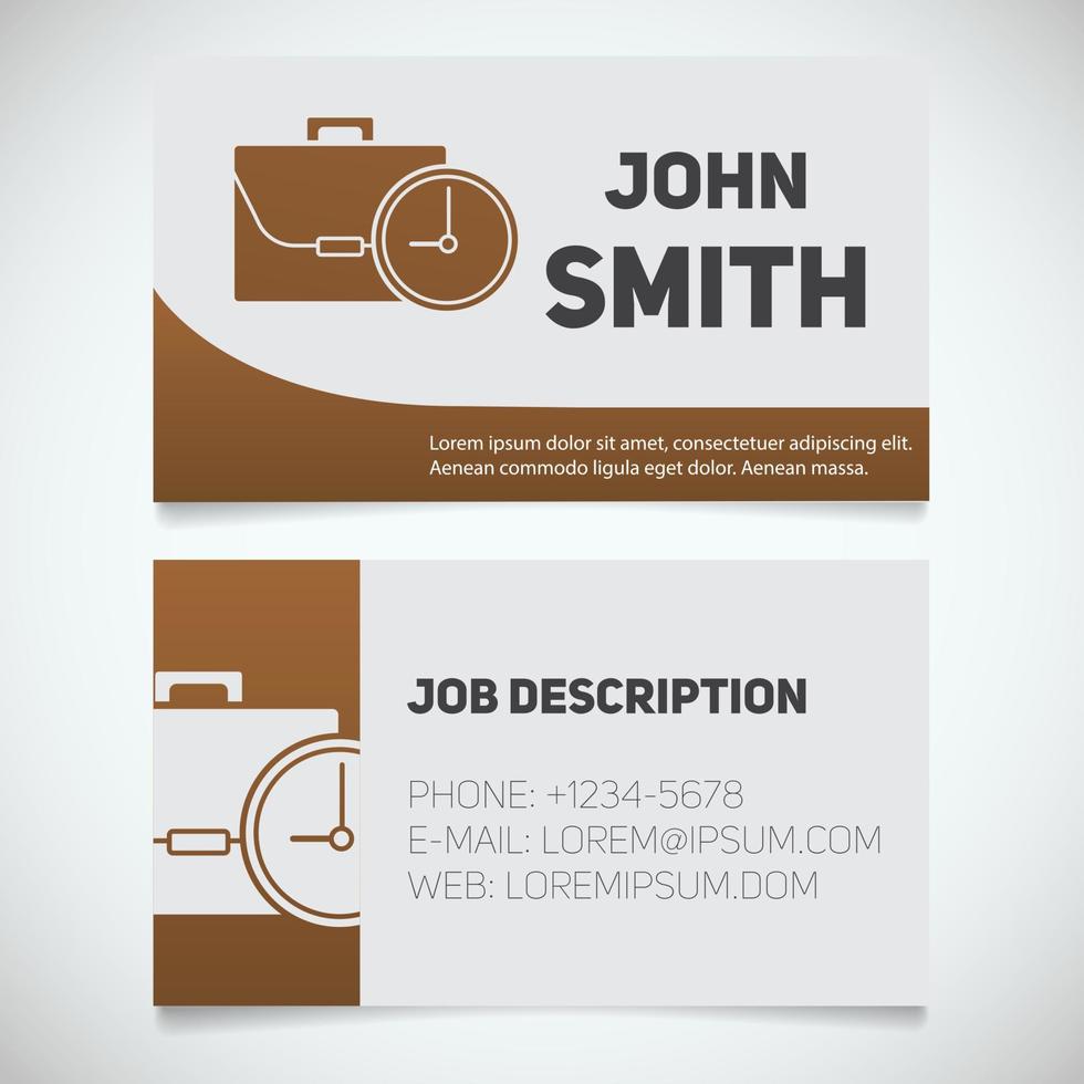 Business card print template with briefcase and clock logo. Easy edit. Manager. Work management. Businessman. Worktime symbol. Stationery design concept. Vector illustration