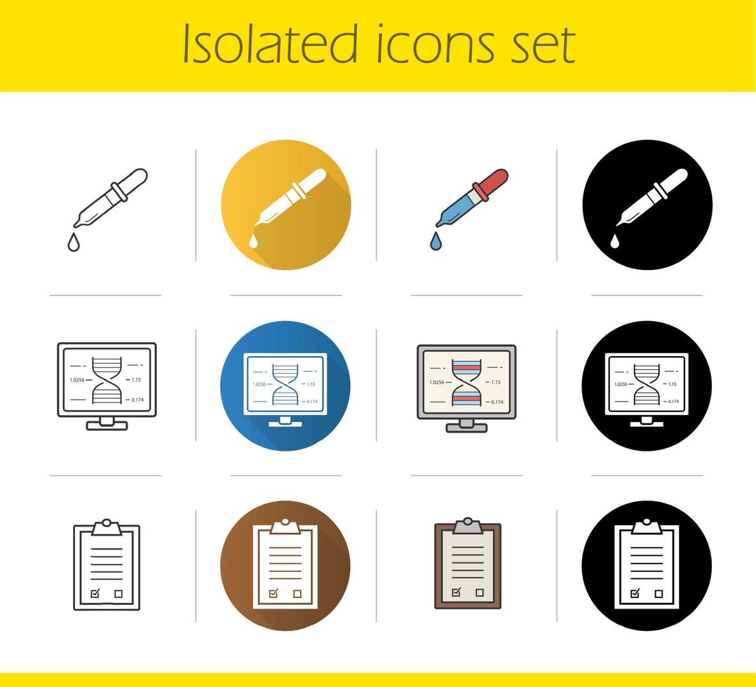 Chemical lab icons set. Flat design, linear, black and color styles. Pipette with drop, laboratory computer, test checklist. Isolated vector illustrations