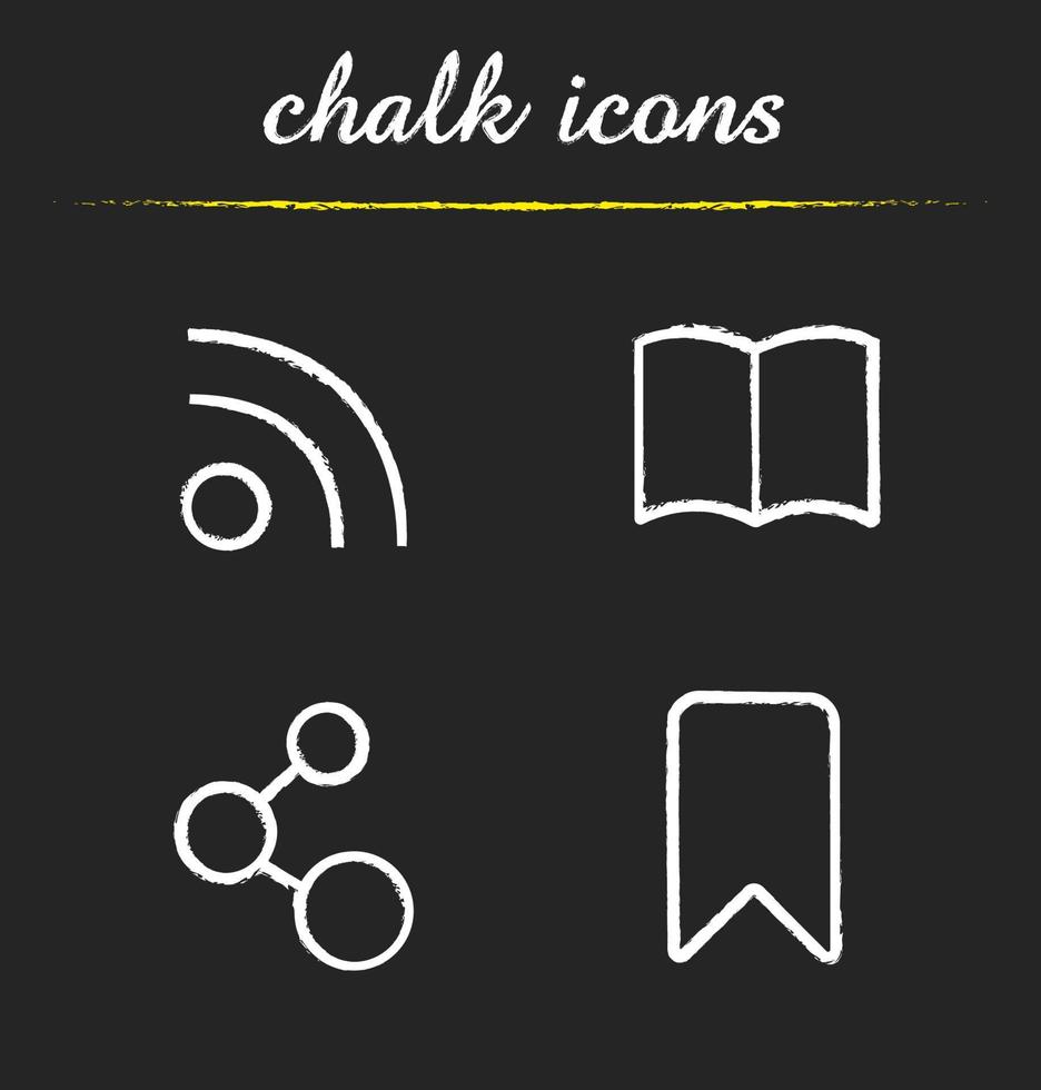Web browser icons set. Rss feed, book, network connection and add to bookmark illustrations. Isolated vector chalkboard drawings