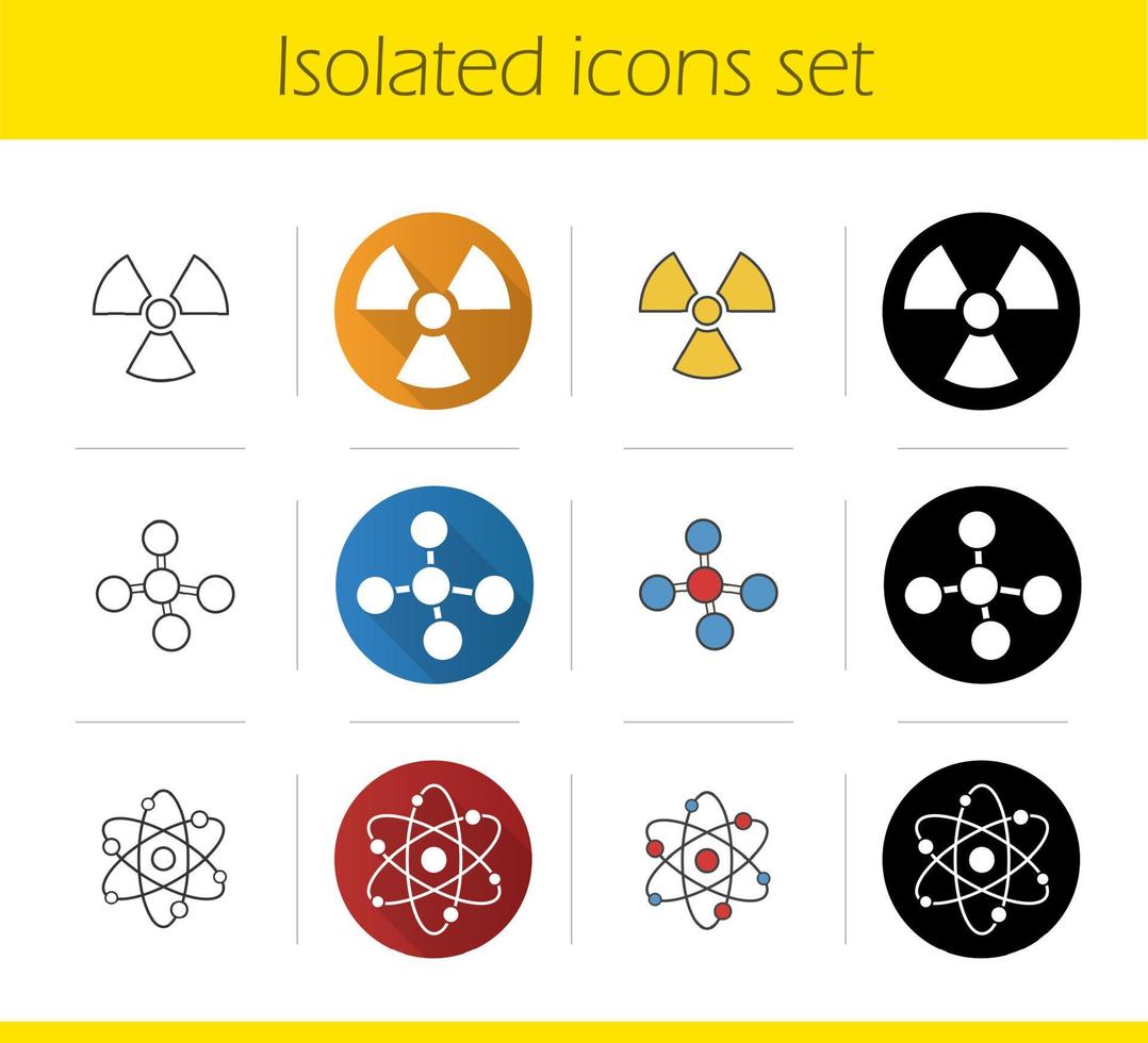 Science icons set. Flat design, linear, black and color styles. Biohazard sign, molecule and atom structure. Radiation, chemistry and physics symbols. Isolated vector illustrations