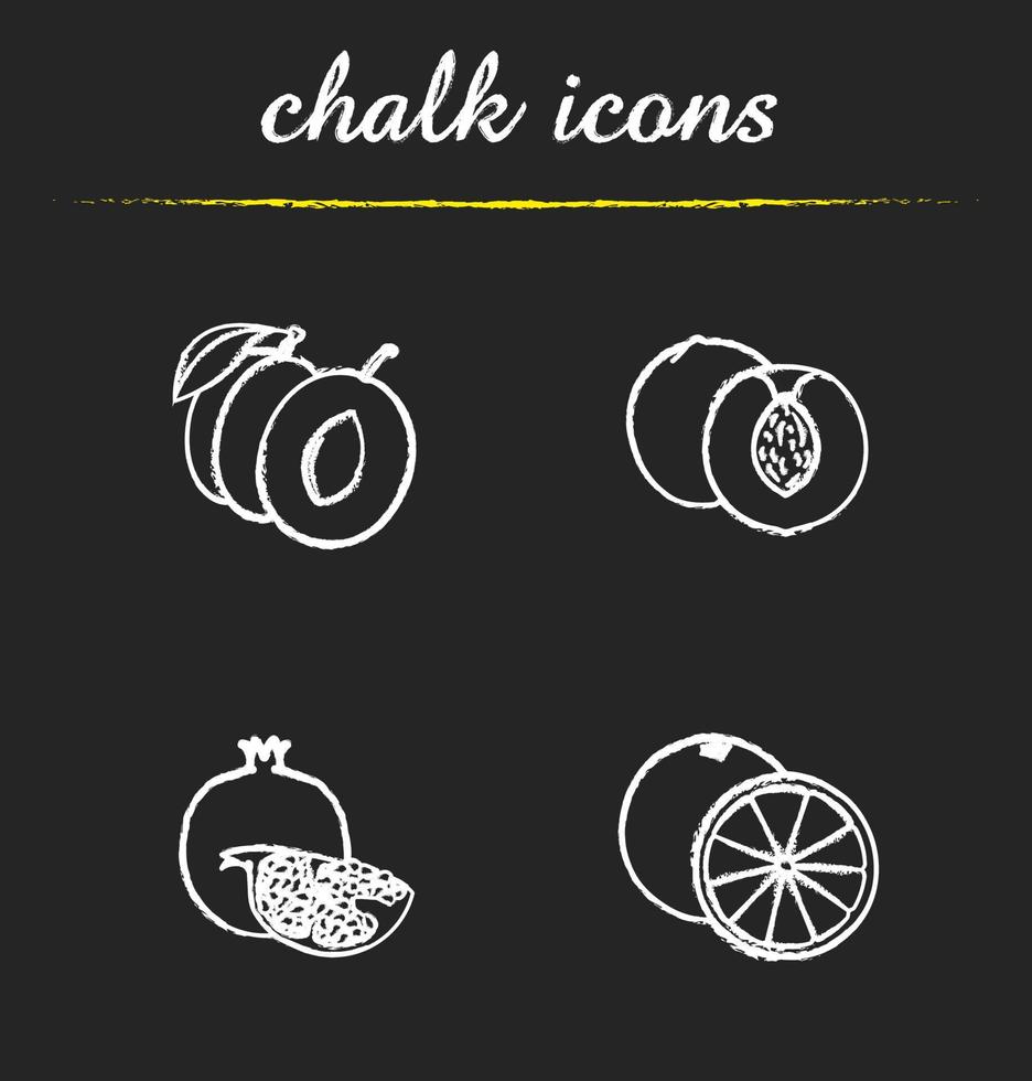 conjunto de iconos de frutas. ciruela cortada a la mitad, albaricoque cortado y naranja, ilustraciones de piezas de granada. dibujos de pizarra vector aislado