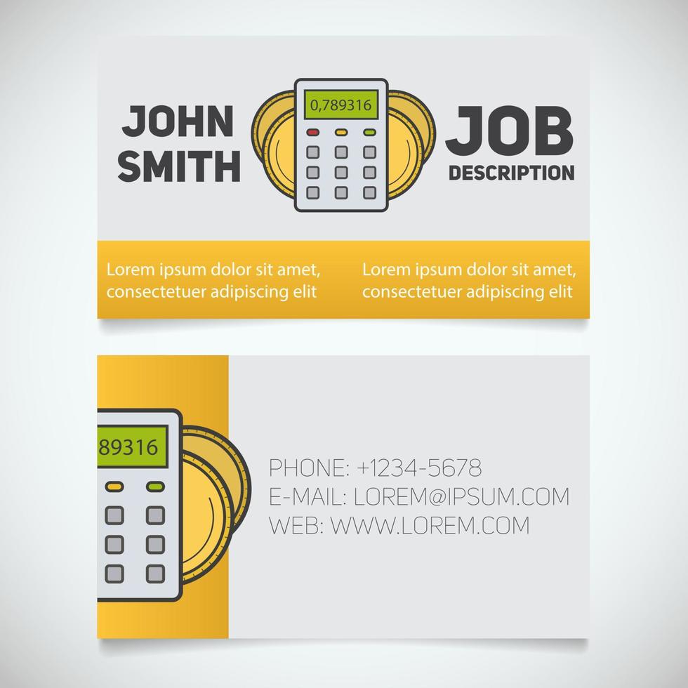 Business card print template with calculator and coins logo. Easy edit. Manager. Accountant. Cashier. Bank worker. Stationery design concept. Vector illustration