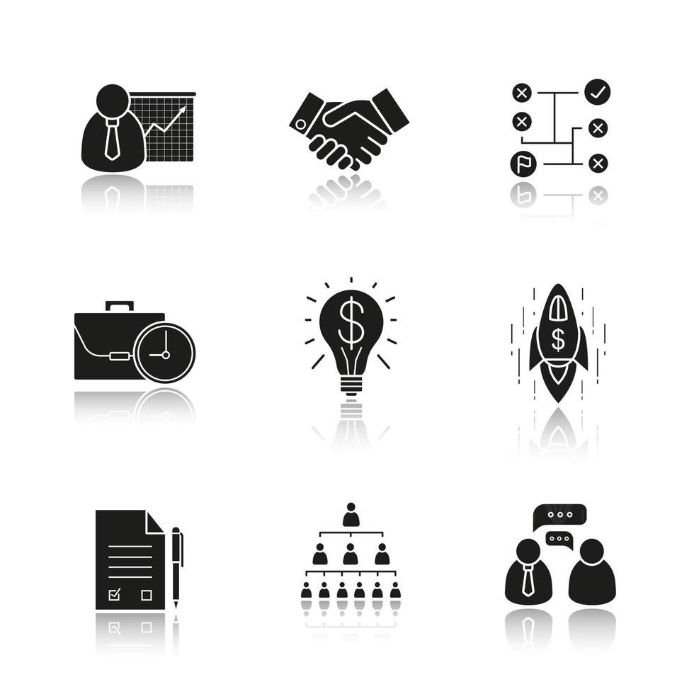 Business concepts drop shadow black icons set. Presentation with graph, handshake, problems solving, worktime, successful idea, goal achievement, signed contract. Isolated vector illustrations