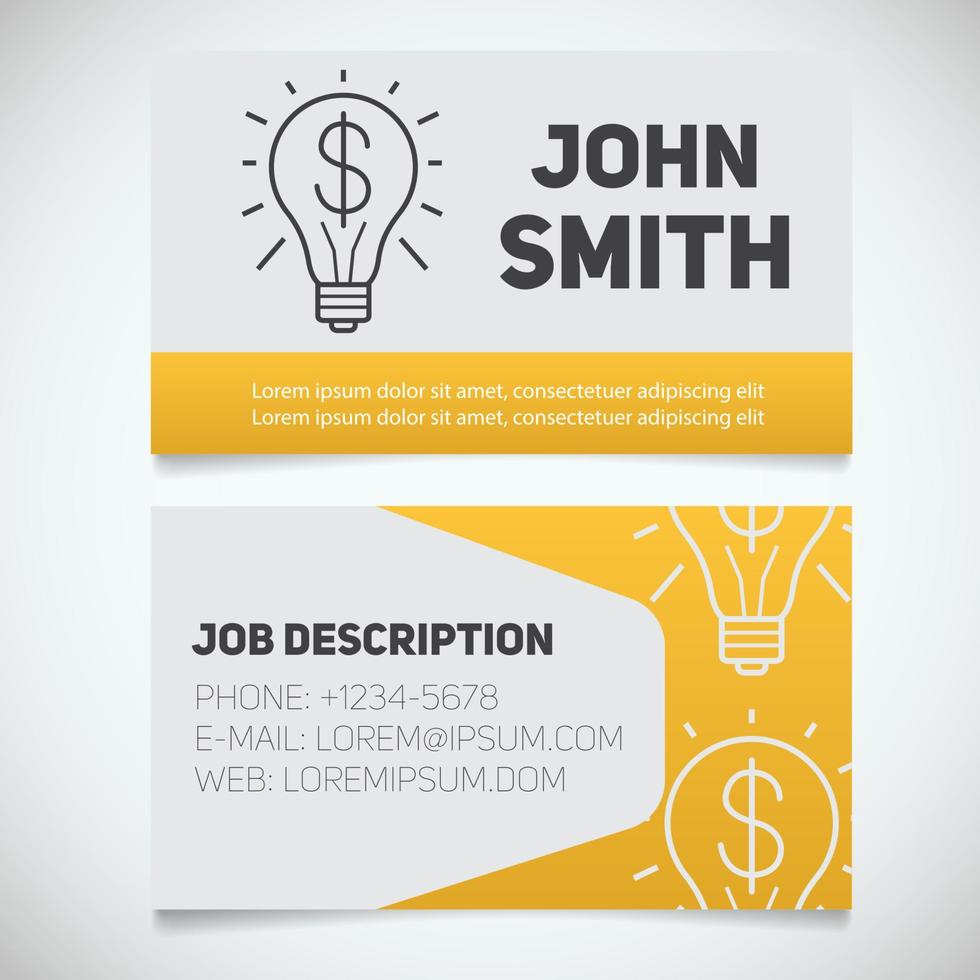 Business card print template with light bulb and dollar sign logo. Easy edit. Manager. Creative director. Startup manager. Idea symbol. Stationery design concept. Vector illustration