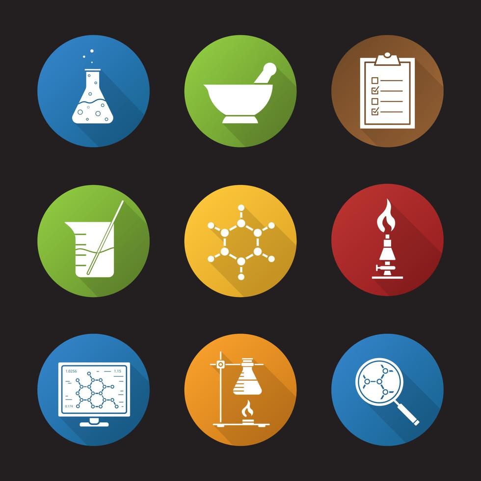 Chemical lab icons flat design long shadow icons set. Beaker with rod, chemical reaction, mortar and pestle, tests checklist, molecule structure, lab burner, molecular science. Vector symbols