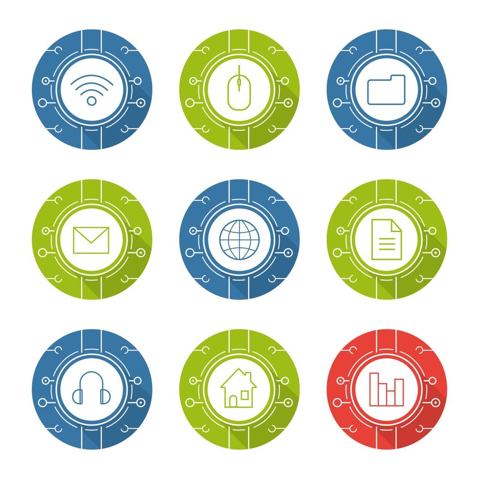 Cyber technology flat design long shadow icons set. Cloud computing. Wifi, access, digital storage, email security, worldwide network, web document, digital music, smart house. Vector symbols