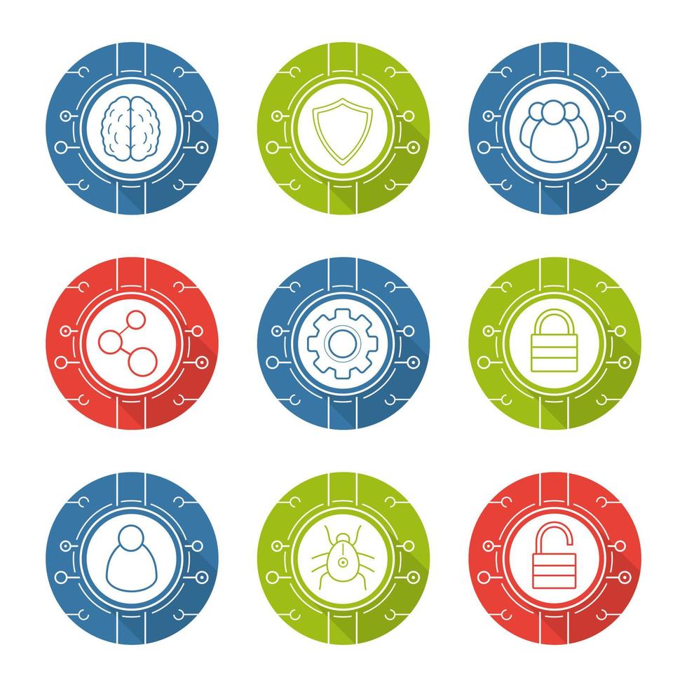 Cyber security flat design long shadow icons set. Neural networks, cyber security, user group, digital connections, network settings, access denied. Thin line on color circles. Vector symbols
