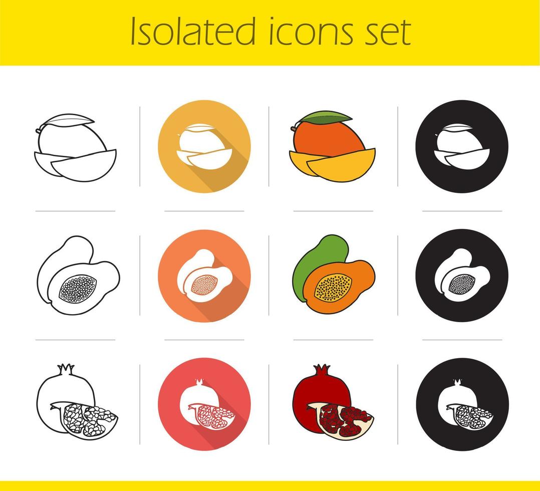 Tropical fruit icons set. Flat design, linear, black and color styles. Sliced mango, halved papaya and cutted pomegranate. Isolated vector illustrations