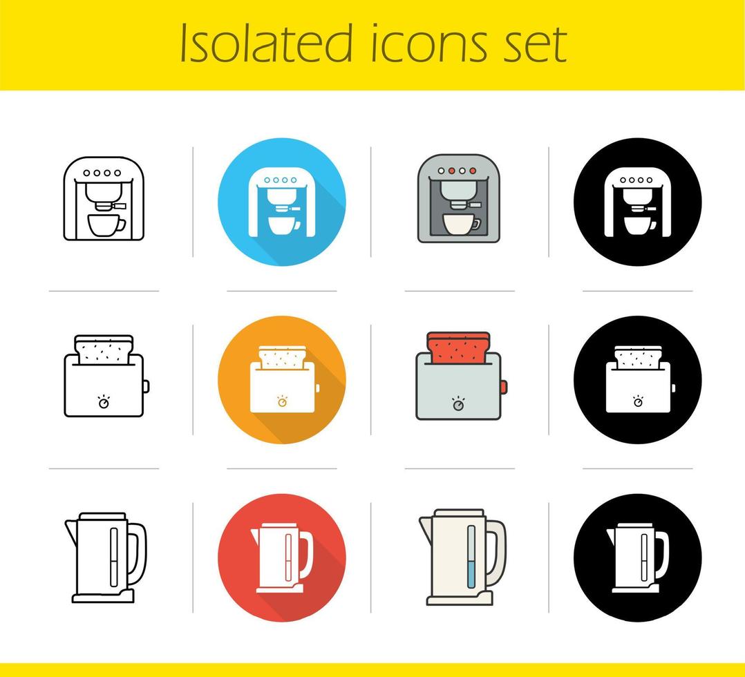 Kitchen electronics icons set. Flat design, linear, black and color styles. Kitchen appliances. Espresso coffee machine, toaster with toasted bread, electric kettle. Isolated vector illustrations