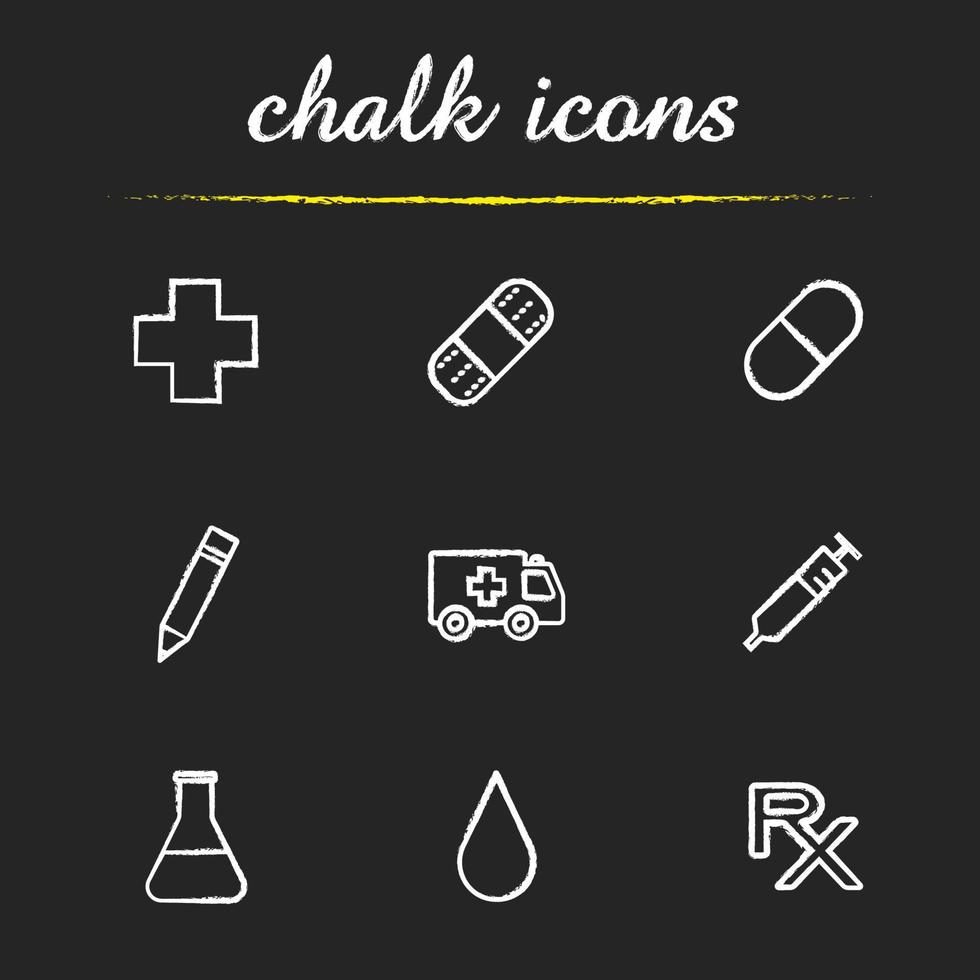 Hospital icons set. Medical cross, adhesive bandaid, pill, pencil, emergency car, syringe, beaker with liquid, drop, rx prescription symbol illustrations. Isolated vector chalkboard drawings