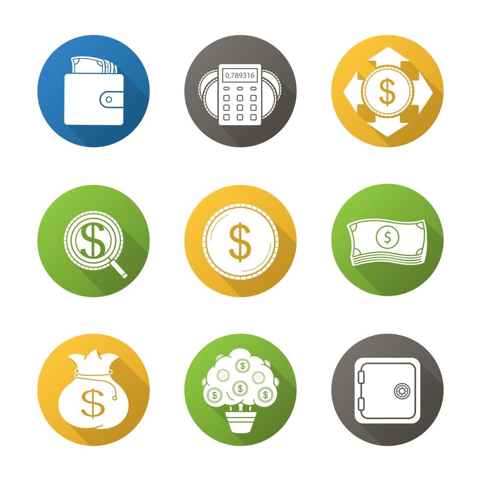 Banking and finance flat design long shadow icons set. Purse with cash, money spending calculations, dollar coin and bills stack, bank vault, money bag and tree. Vector silhouette symbols