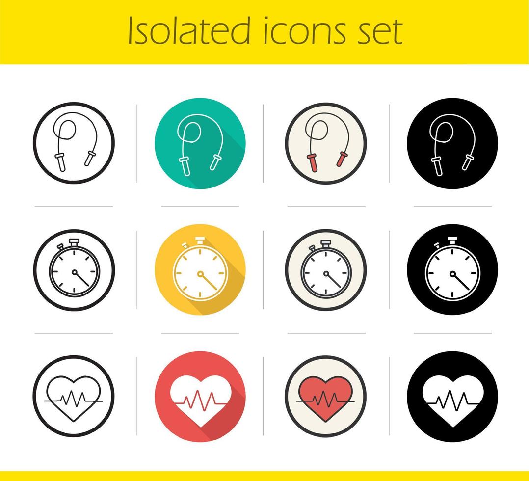 Cardio training icons set. Flat design, linear, black and color styles. Skipping rope, stopwatch and heartbeat symbol. Isolated vector illustrations