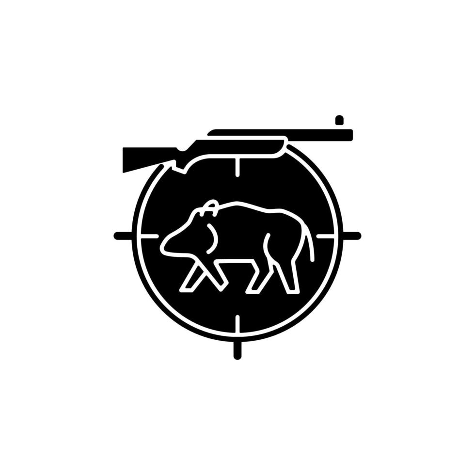Wild boar hunting black glyph icon. Capture and kill wild hog. Ferral peccary and pig. Hunting with dog. Pursue tusker. Wildlife animal. Silhouette symbol on white space. Vector isolated illustration