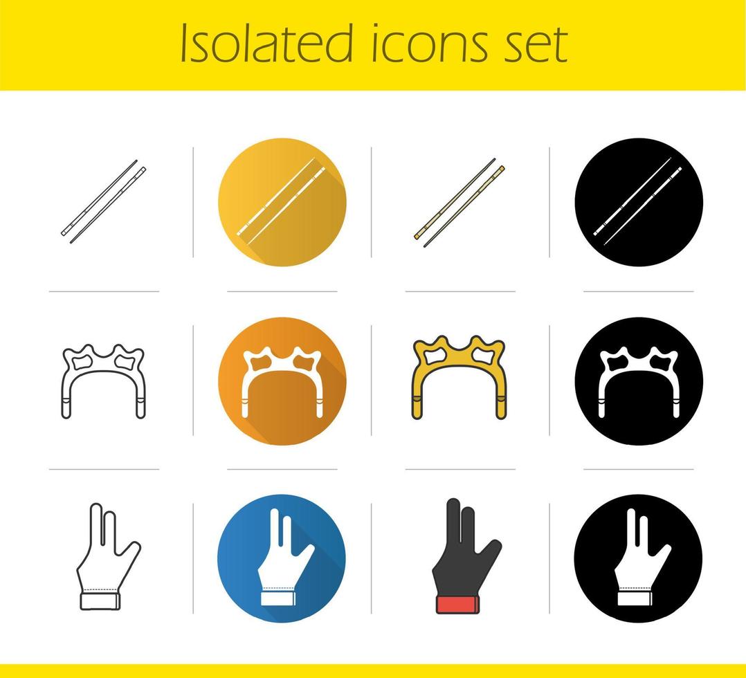 Billiard icons set. Flat design, linear, black and color styles. Cuesports accessories. Cues, rest head, glove. Pool equipment isolated vector illustrations