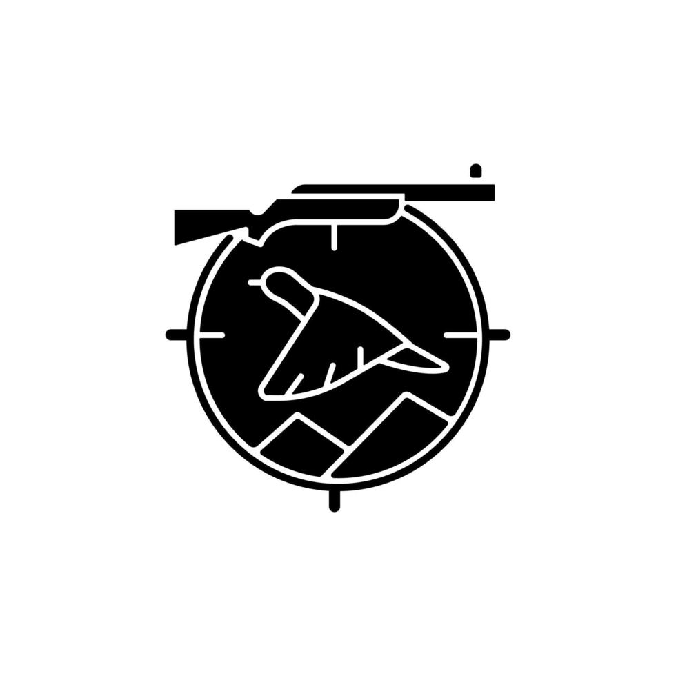 Upland hunting black glyph icon. Wingshooting. Terrestrial birds. Hunting with dogs. Pursue pheasant and grouse. Landfowl capturing. Silhouette symbol on white space. Vector isolated illustration