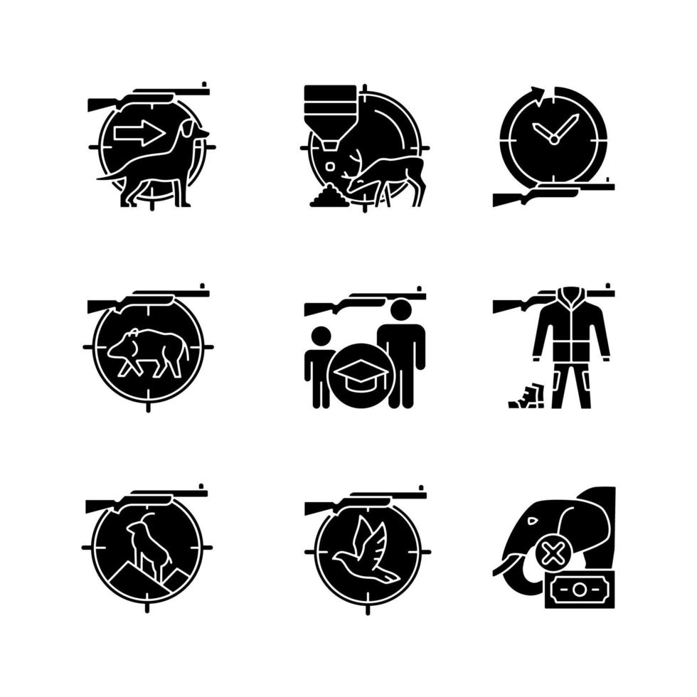 Animal hunter black glyph icons set on white space. Dog handler. Goat and boar hunting. Pigeon shooting. Hunt education. Illegal animal trade. Silhouette symbols. Vector isolated illustration