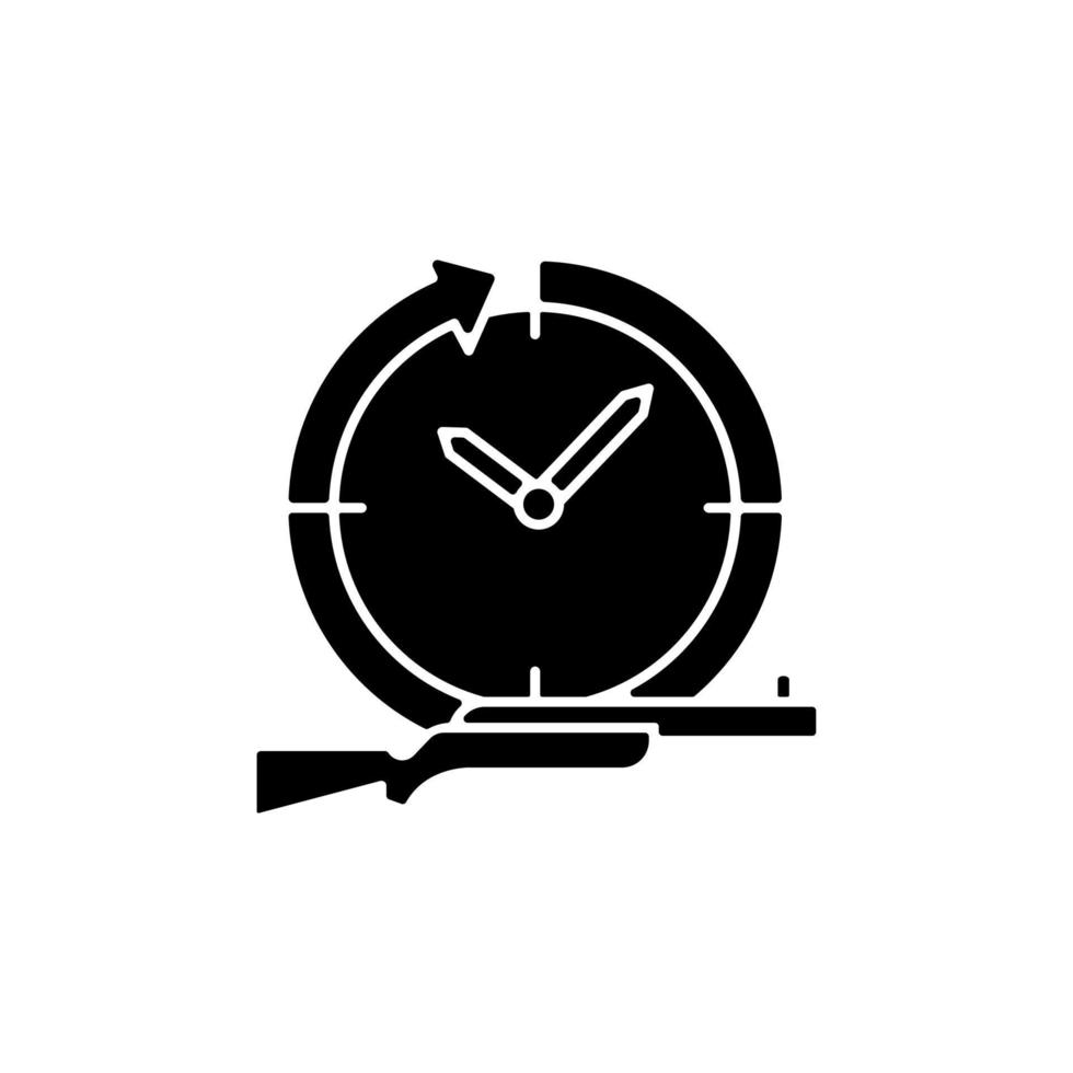 Hunting year-round black glyph icon. Pursue and capture prey. Wildlife animals killing. Hunt equipment and license. Hunting season. Silhouette symbol on white space. Vector isolated illustration