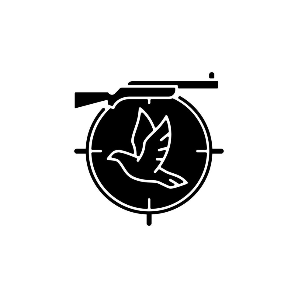 Pigeon shooting black glyph icon. Bird shooting competition. Roost and flighting dove hunt. Woodpigeon hunting. Equipment and rifle. Silhouette symbol on white space. Vector isolated illustration