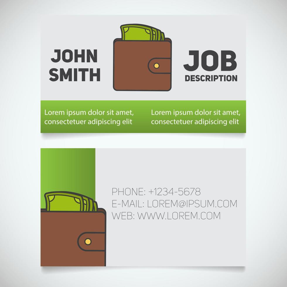 Business card print template with wallet and cash logo. Easy edit. Manager. Businessman. Purse with money. Stationery design concept. Vector illustration