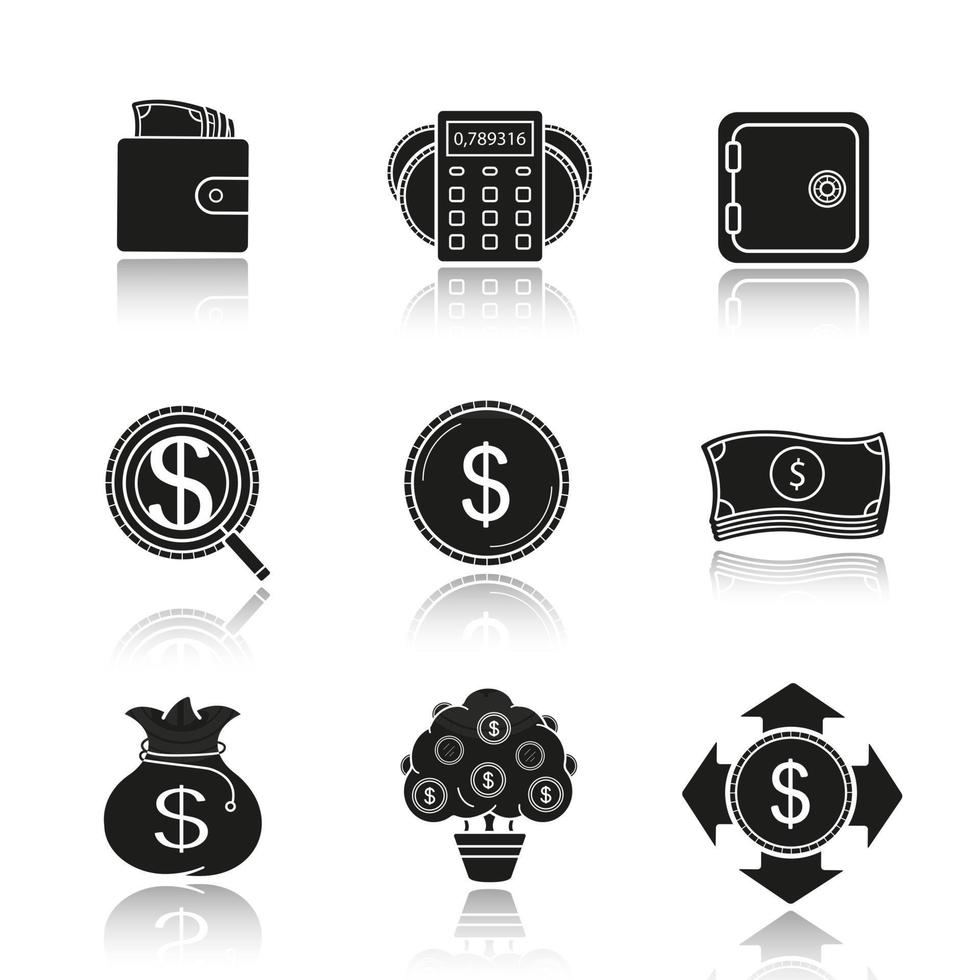 Banking and finance drop shadow black icons set. Wallet with cash, calculations, bank vault, investment search, us dollar coin and banknotes stack, money bag and tree. Isolated vector illustrations