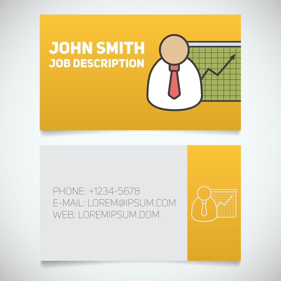 Business card print template with presentation and graph logo. Marketer. Stockbroker. Jobber. Stationery design concept. Vector illustration