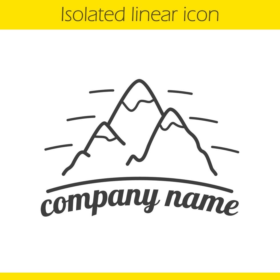 Mountains linear icon. Thin line illustration. Hiking, mountaineering and alpinism company emblem. Contour symbol. Vector isolated outline drawing