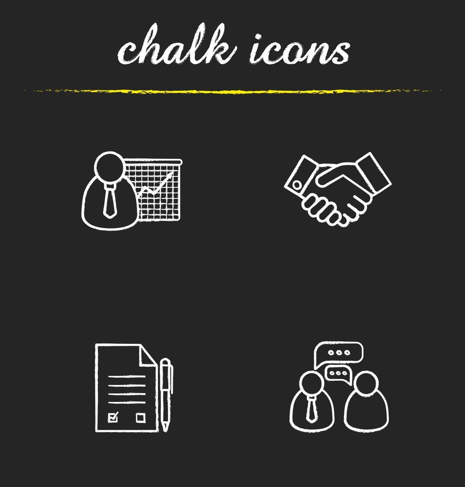 conjunto de iconos de negocios. presentación con gráfico, símbolo de acuerdo de apretón de manos, contrato firmado con bolígrafo, ilustraciones de charlas de negocios. dibujos de pizarra vector aislado