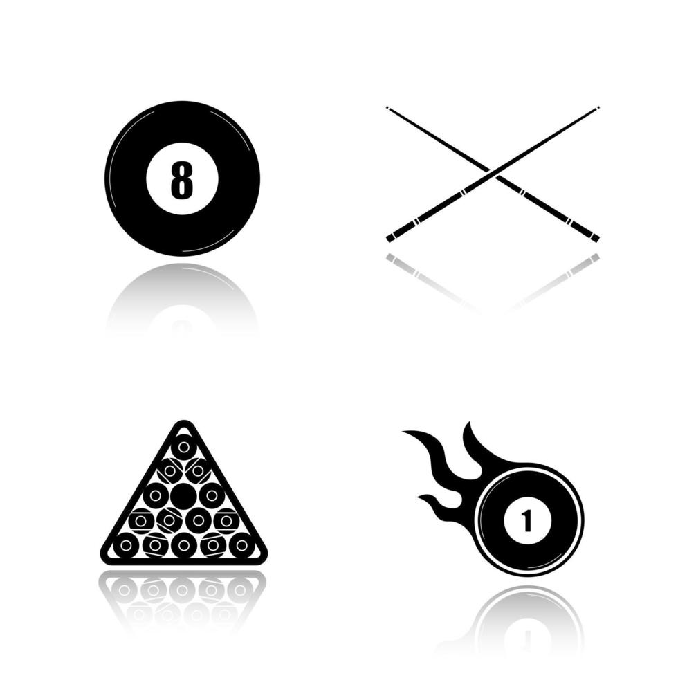 Billiard drop shadow black icons set. Cuesports accessories. Eight ball, crossed cues, ball rack, burning ball. Pool equipment. Isolated vector illustrations