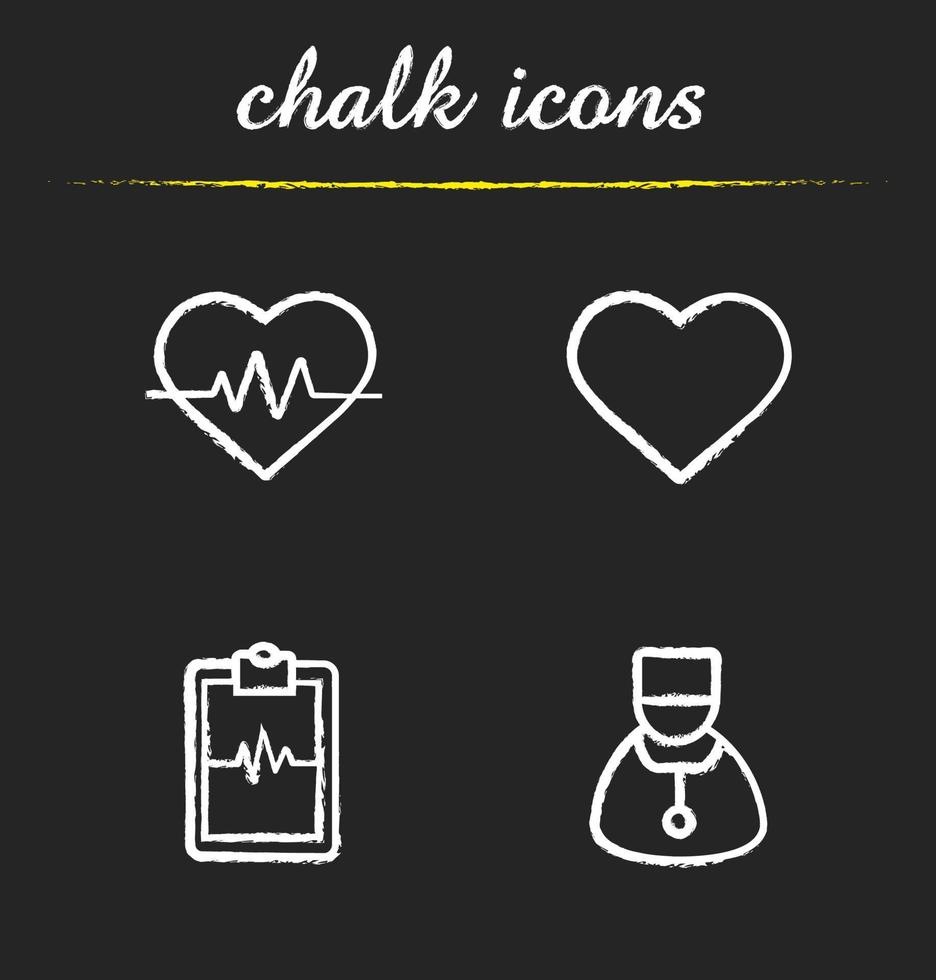 Cardiology icons set. Heart, cardio monitor, ecg curve and cardiologist illustrations. Isolated vector chalkboard drawings