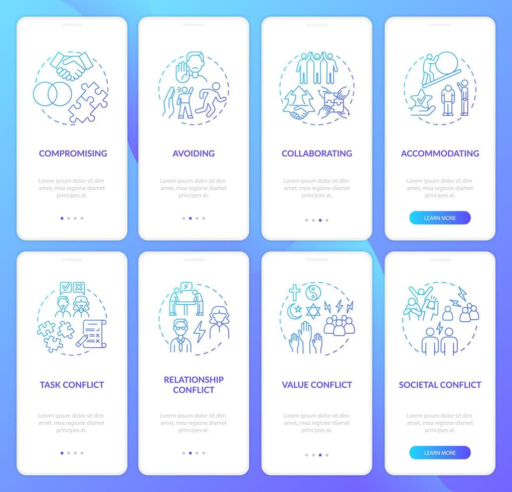 Conflict management blue gradient onboarding mobile app page screen set. Relations walkthrough 4 steps graphic instructions with concepts. UI, UX, GUI vector template with linear color illustrations