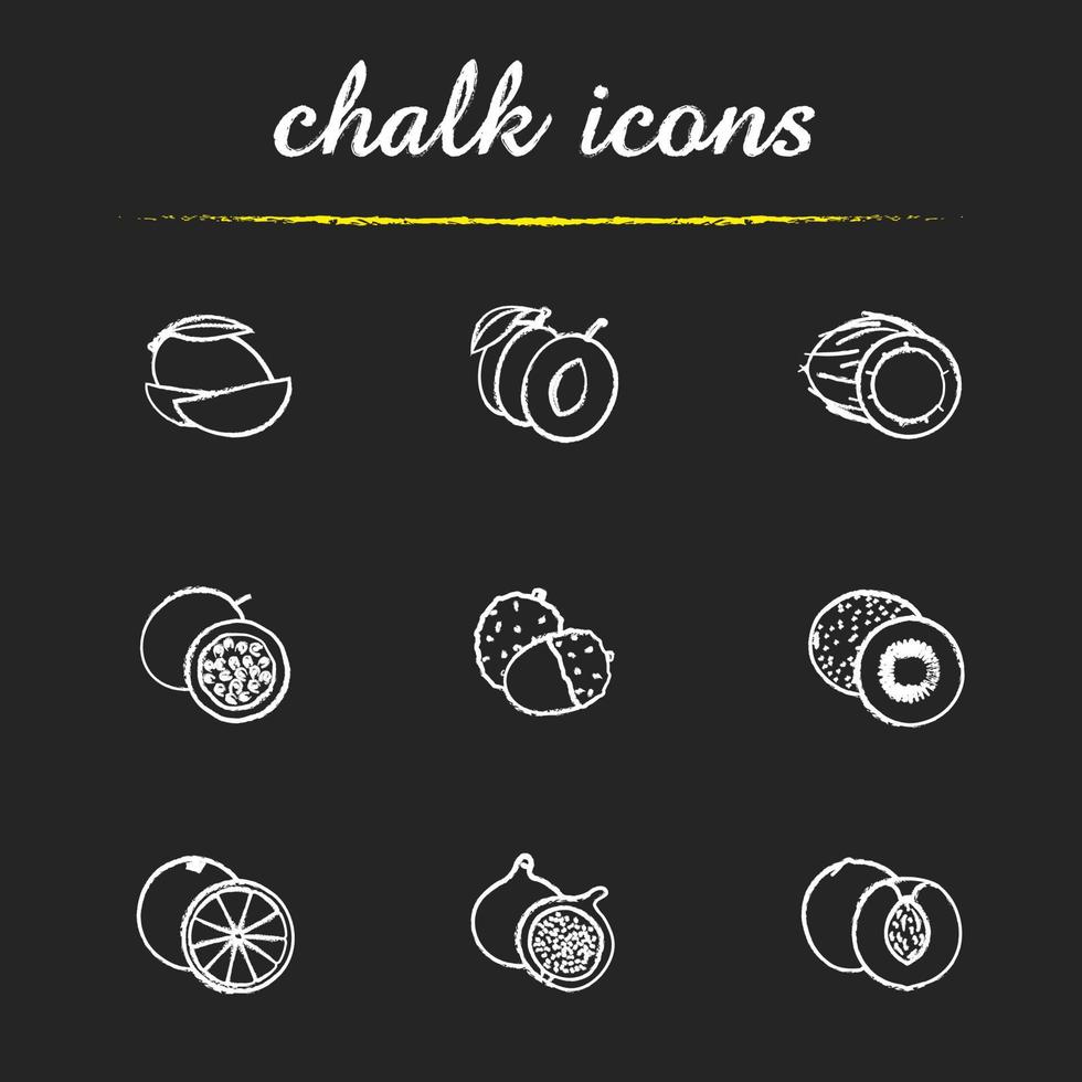 Fruit pairs icons set. Mango pieces, halved plum, open coconut, cutted passionfruit, orange, fig, peach, peeled litchi, kiwifruit half illustrations. Isolated vector chalkboard drawings