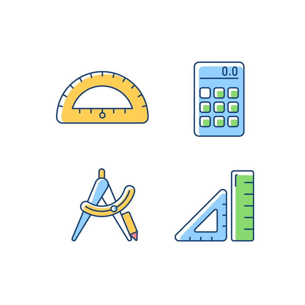 Architecture student tools RGB color icons set. Drafting supplies. Calculator. Compass tool. Rule, protractor for geometry class. Isolated vector illustrations. Simple filled line drawings collection