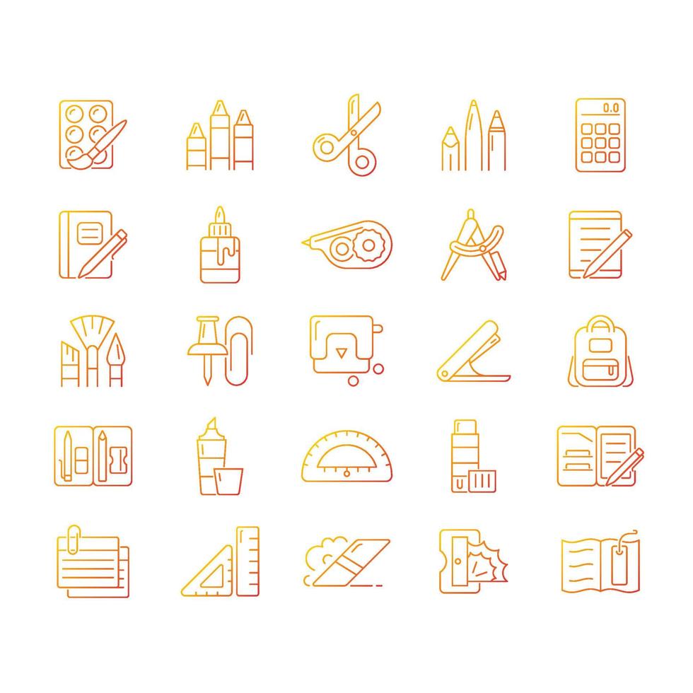 School supplies gradient linear vector icons set. Must-have items for back to school. Instruments for office, art class. Thin line contour symbols bundle. Isolated outline illustrations collection