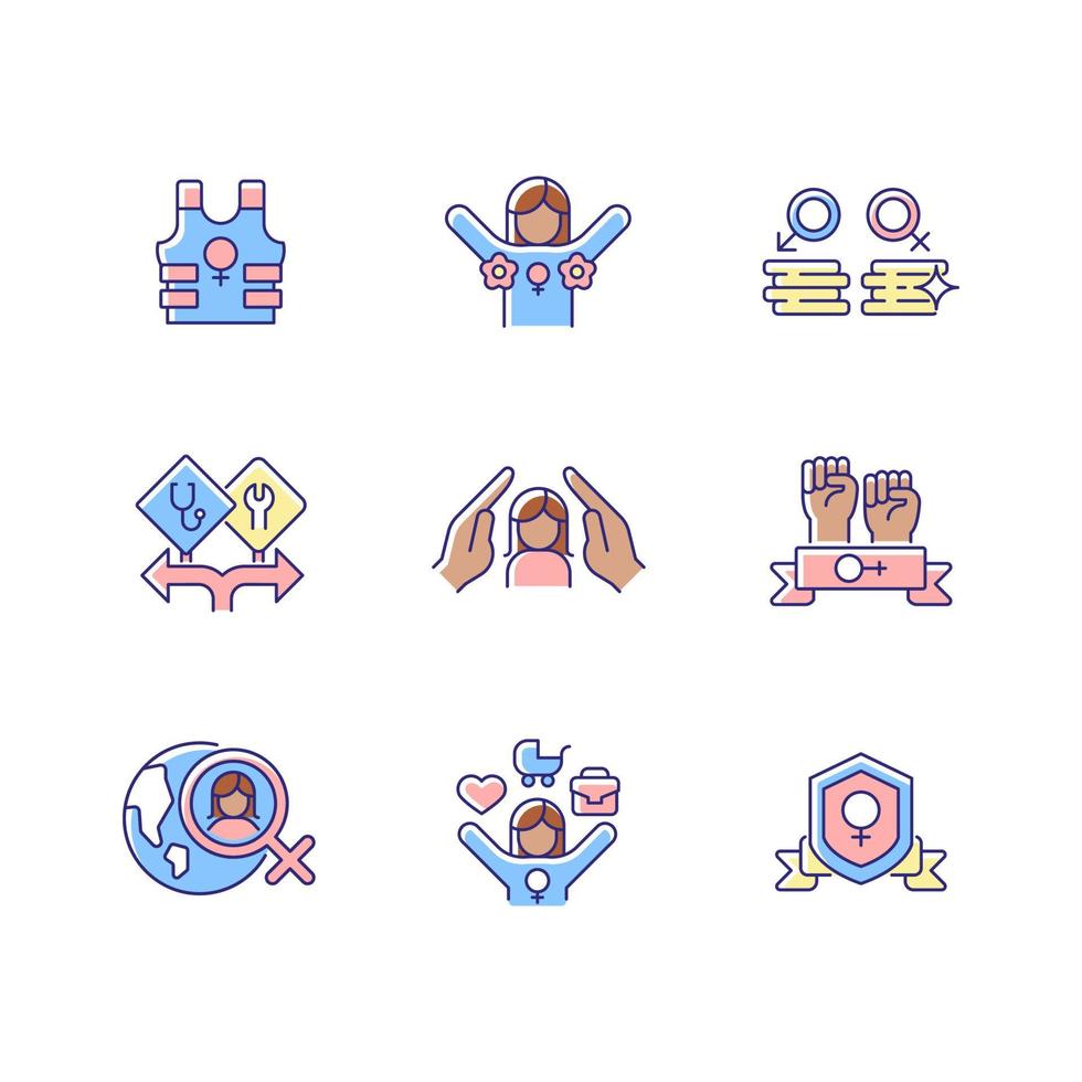 Conjunto de iconos de color rgb de actividad feminista. luchadora por la libertad femenina. feminismo radical. salario igual por trabajo. opción de carrera para niñas. ilustraciones vectoriales aisladas. colección de dibujos de líneas rellenas simples vector