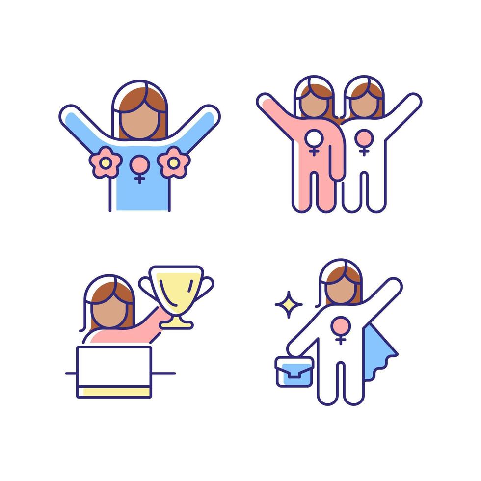 Women rights movement RGB color icons set. Radical feminism. Female friendship. Leadership role. Gender diversity at work. Isolated vector illustrations. Simple filled line drawings collection