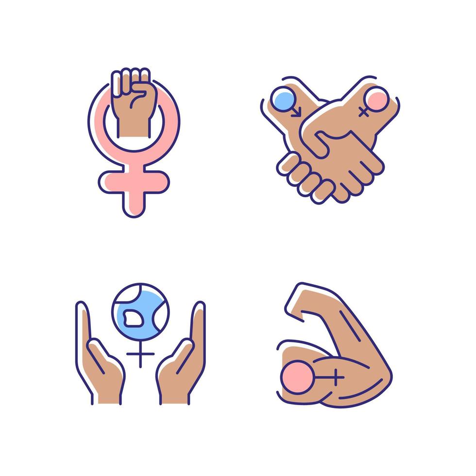 Conjunto de iconos de color de girl power rgb. liderazgo en movimiento.  relaciones equitativas. apoyo al feminismo. mujeres mentalmente fuertes.  ilustraciones vectoriales aisladas. colección de dibujos de líneas rellenas  simples 4526862 Vector