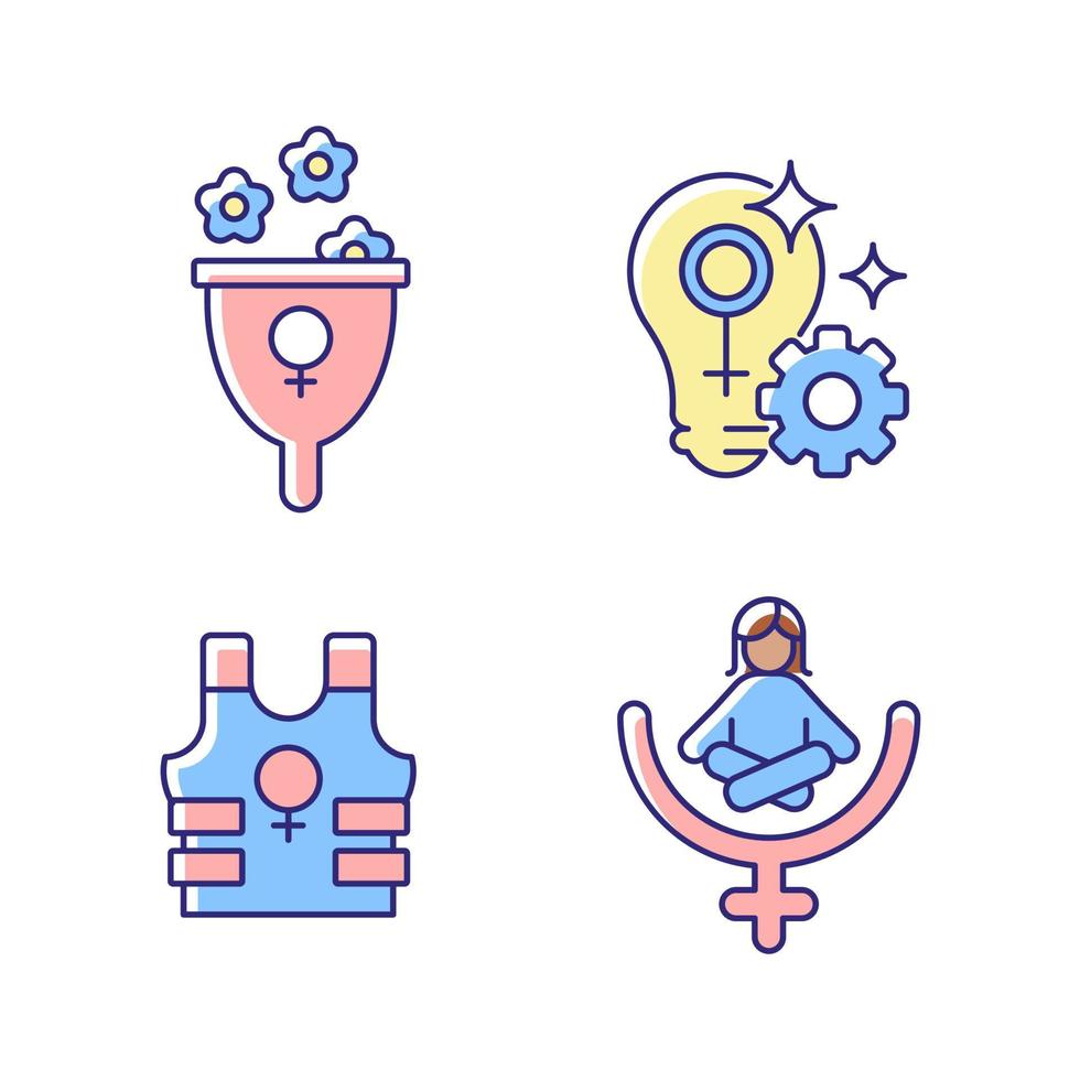 Conjunto de iconos de color rgb de feminismo moderno. apoyar el bienestar  de las mujeres. realizar