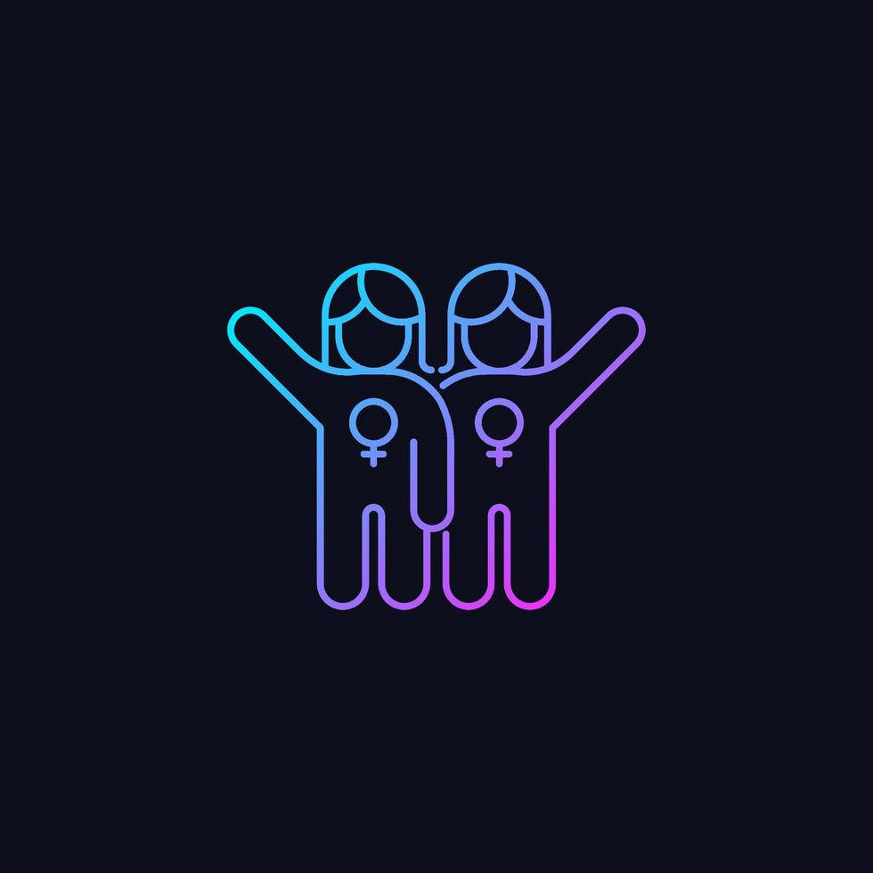 Female friendship gradient vector icon for dark theme. Sisterhood. Girl power. Like-minded women. Supporting each other. Thin line color symbol. Modern style pictogram. Vector isolated outline drawing