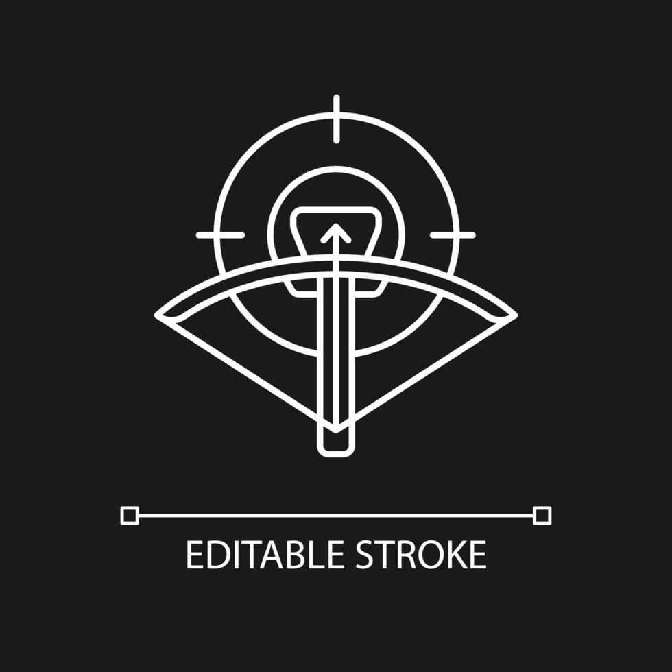 Hunting with crossbow white linear icon for dark theme. Archery. Use camouflage and game call. Thin line customizable illustration. Isolated vector contour symbol for night mode. Editable stroke