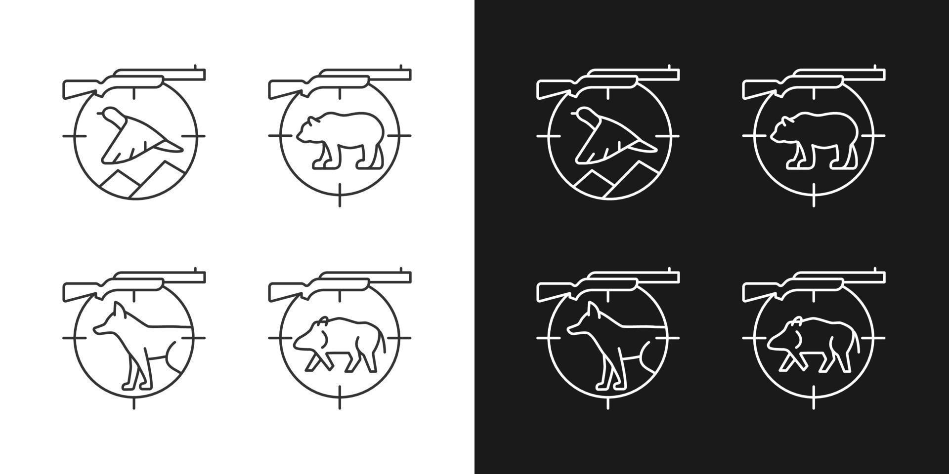 Big and small game hunting linear icons set for dark and light mode. Hunting weapon to kill boar and deer. Customizable thin line symbols. Isolated vector outline illustrations. Editable stroke