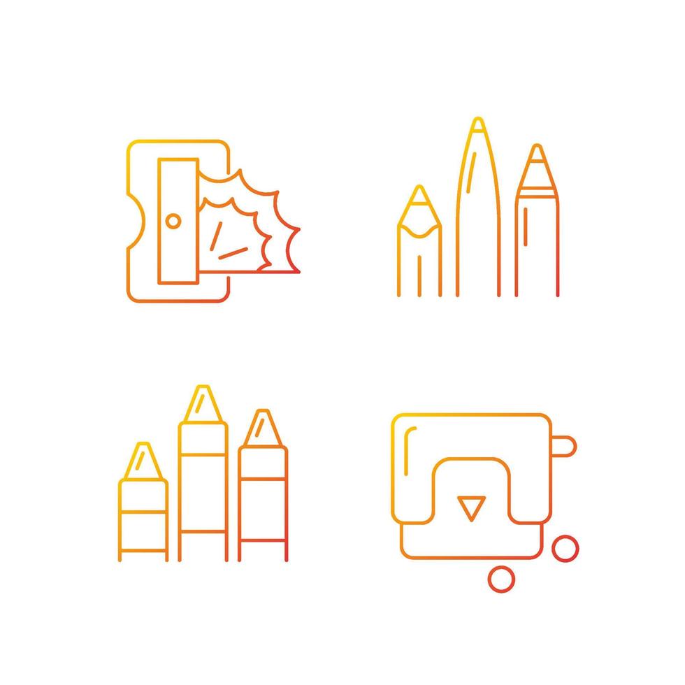 Painter essentials gradient linear vector icons set. Pens and pencils. Prism sharpener. Colored crayons. Paper puncher. Thin line contour symbols bundle. Isolated outline illustrations collection