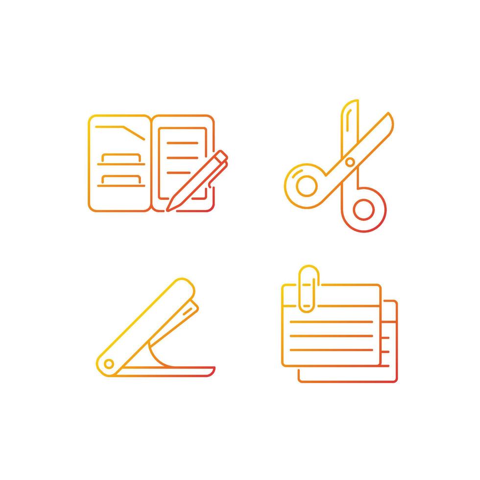 Office stationery supplies gradient linear vector icons set. Portfolio folder. Scissors. Stapling device. Index cards. Thin line contour symbols bundle. Isolated outline illustrations collection